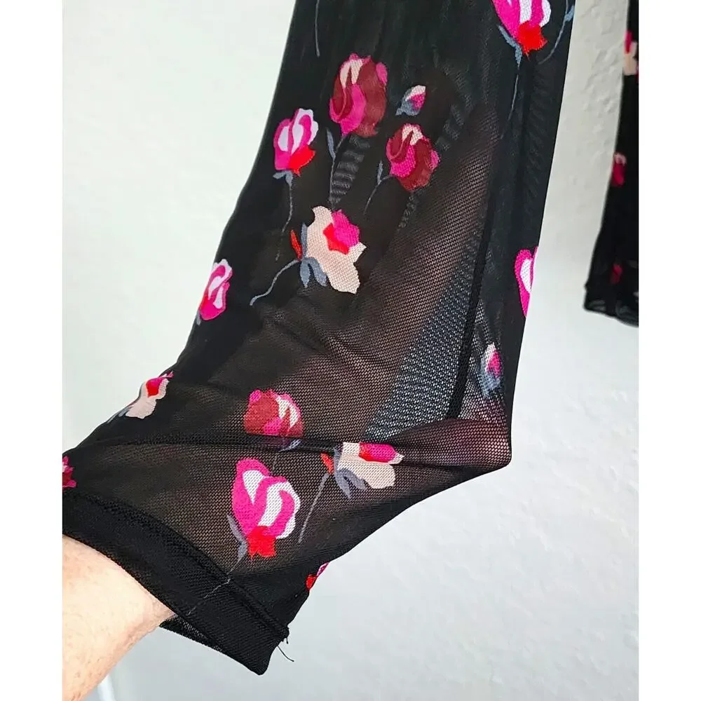 POPSUGAR Women's XL Black Floral Mesh Sheer Sleeve Mock Neck Top Blouse